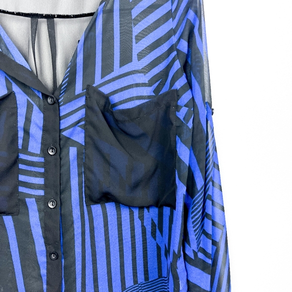 UK2LA Black and Blue Striped Sheer Button-Up Top - Picture 3 of 8
